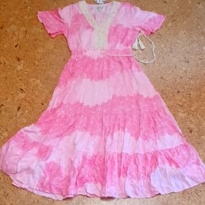 Sunday Mi Amor Pink & White Boho Maxi Summer Dress Size S, NWT